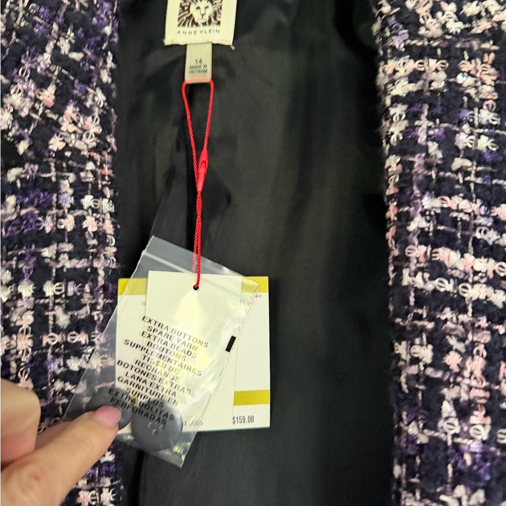 Anne Klein Navy & White Tweed Blazer with Fringe Trim - Picture 3 of 3